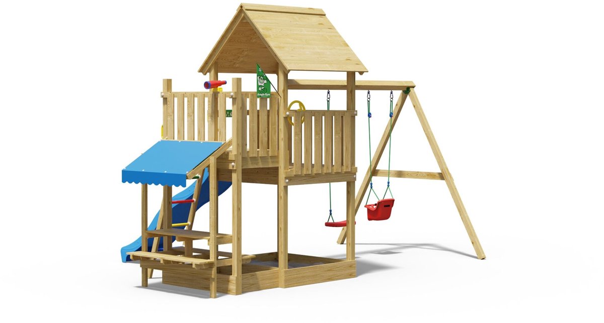 Jungle Gym speeltoestel van grenen hout - Jungle Lagoon met blauwe glijbaan - Tuin speeltoestel voor buiten met zandbak en schommels