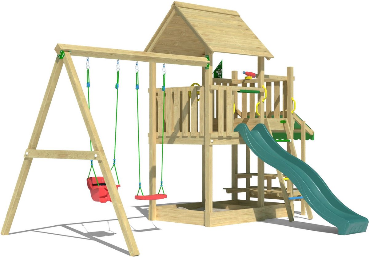   speeltoestel van grenen hout - Jungle Lagoon met donkergroene glijbaan - Tuin speeltoestel voor buiten met zandbak en schommels