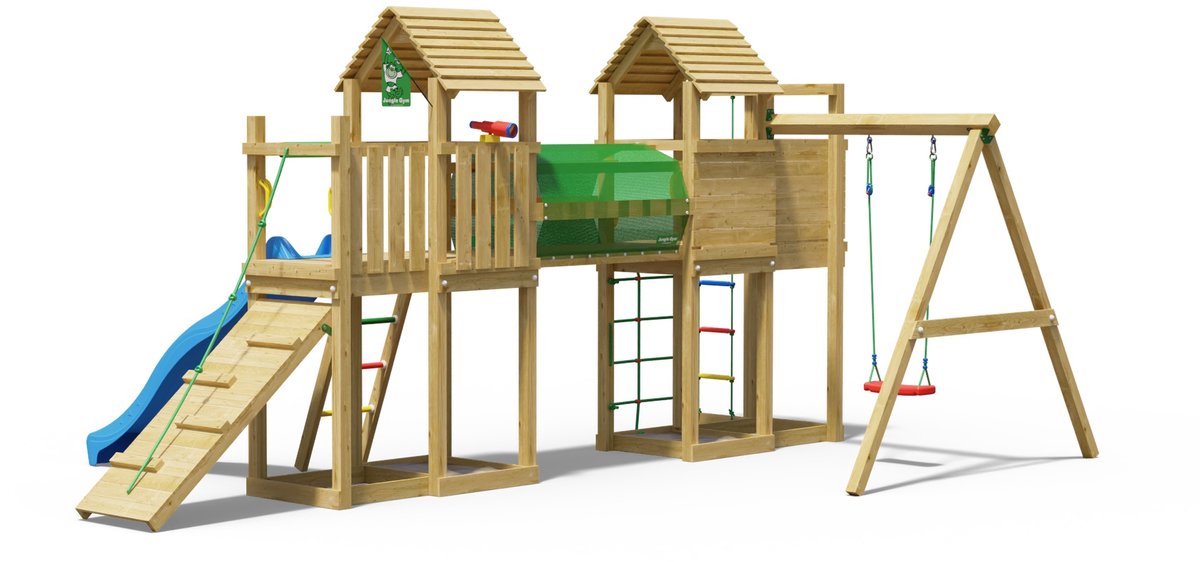   speeltoestel van grenen hout - Jungle Leda met blauwe glijbaan - Tuin speeltoestel voor buiten met zandbak, schommel en klimladder