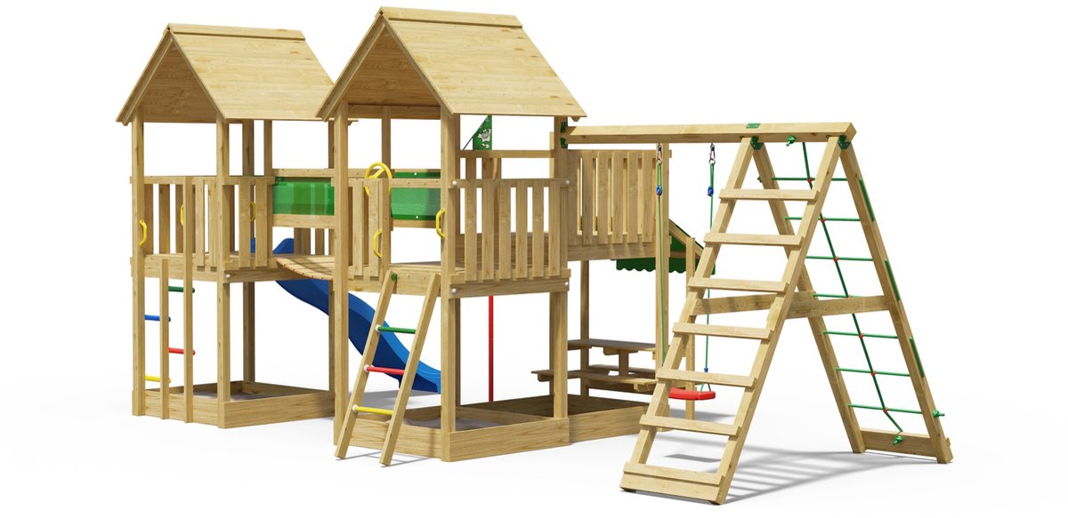   speeltoestel van grenen hout - Jungle Luxor met blauwe glijbaan - Tuin speeltoestel voor buiten met zandbak, schommel en klimnet