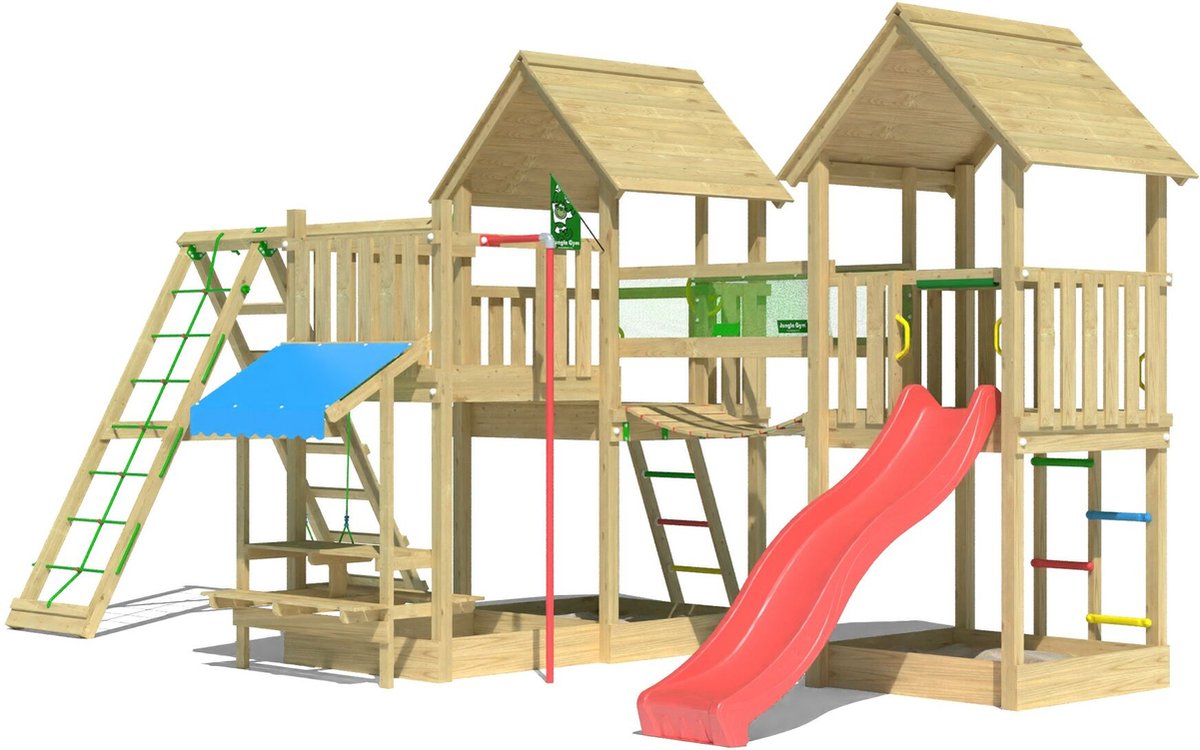   speeltoestel van grenen hout - Jungle Luxor met rode glijbaan - Tuin speeltoestel voor buiten met zandbak, schommel en klimnet