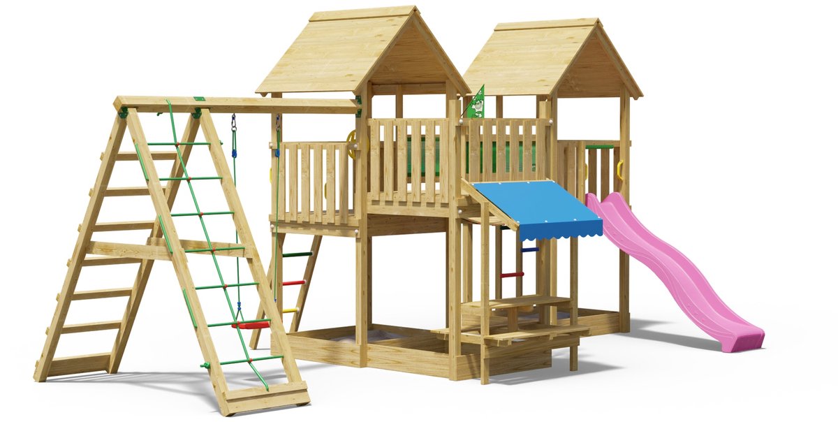   speeltoestel van grenen hout - Jungle Luxor met roze glijbaan - Tuin speeltoestel voor buiten met zandbak, schommel en klimnet