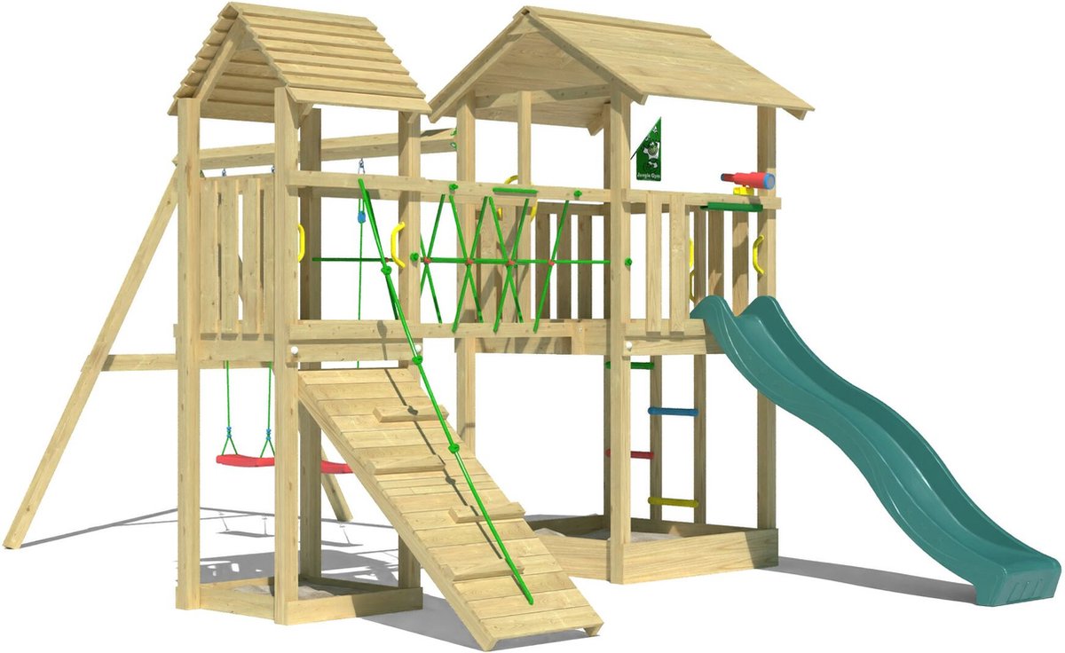   speeltoestel van grenen hout - Jungle Nova met donkergroene glijbaan - Tuin speeltoestel voor buiten met zandbak, schommels en klimhelling