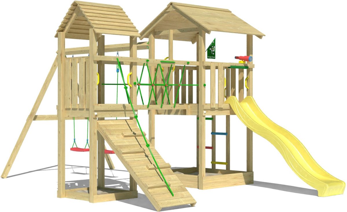   speeltoestel van grenen hout - Jungle Nova met gele glijbaan - Tuin speeltoestel voor buiten met zandbak, schommels en klimhelling