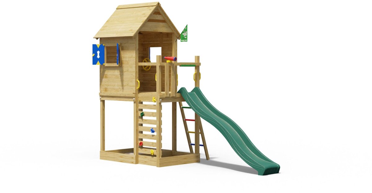   speeltoestel van grenen hout - Jungle Oasis met donkergroene glijbaan - Tuin speeltoestel voor buiten met zandbak, klimwand en speelhuisje