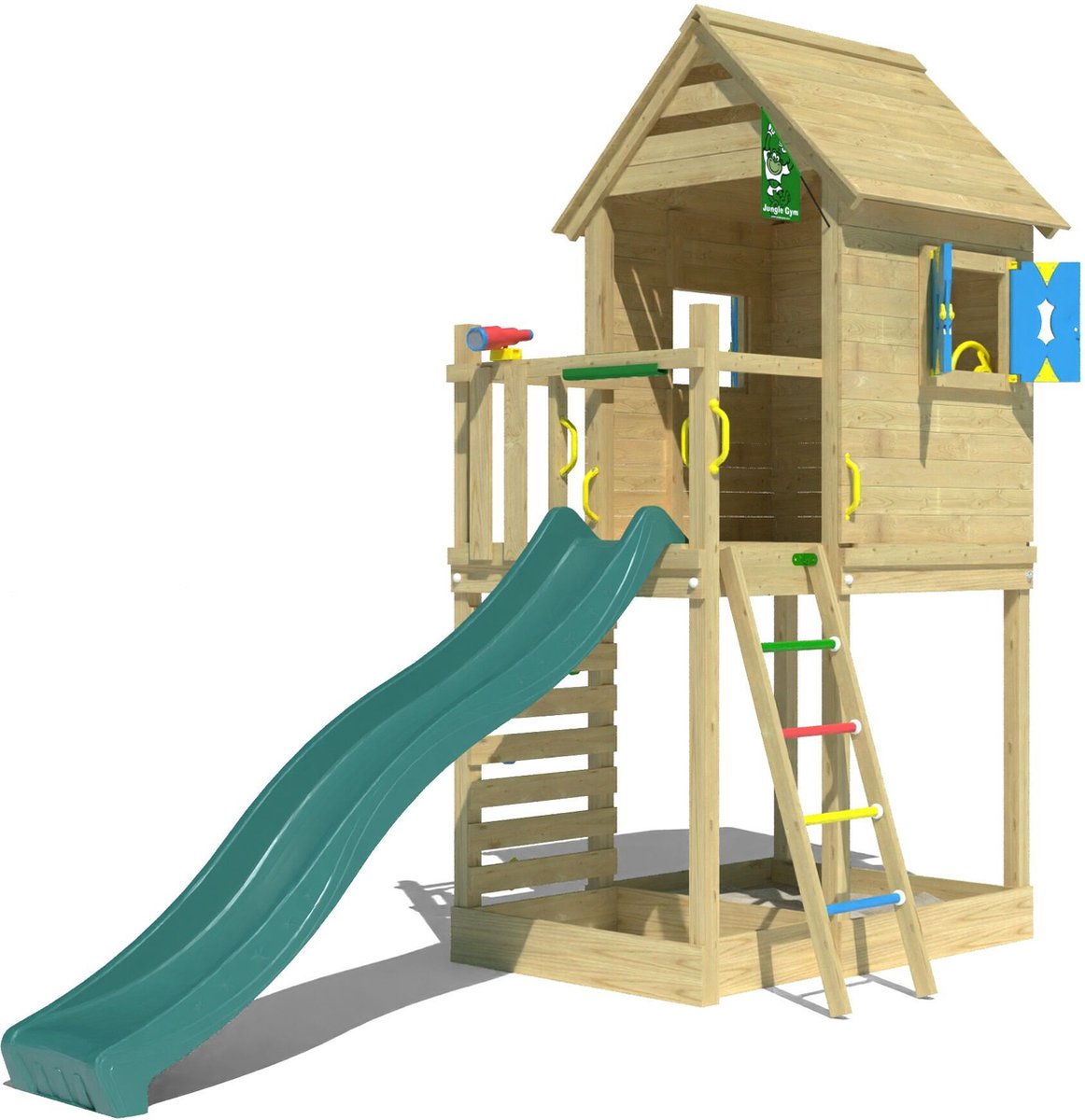   speeltoestel van grenen hout - Jungle Oasis met groene glijbaan - Tuin speeltoestel voor buiten met zandbak, klimwand en speelhuisje