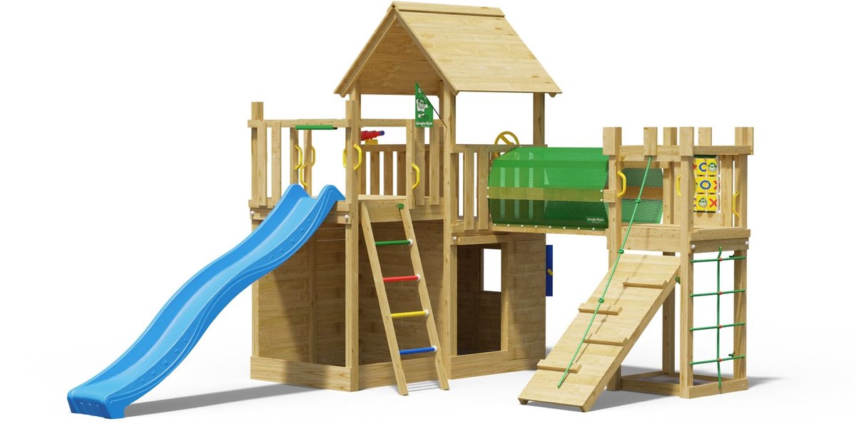   speeltoestel van grenen hout - Jungle Olympus met blauwe glijbaan - Tuin speeltoestel voor buiten met zandbak en klimwand