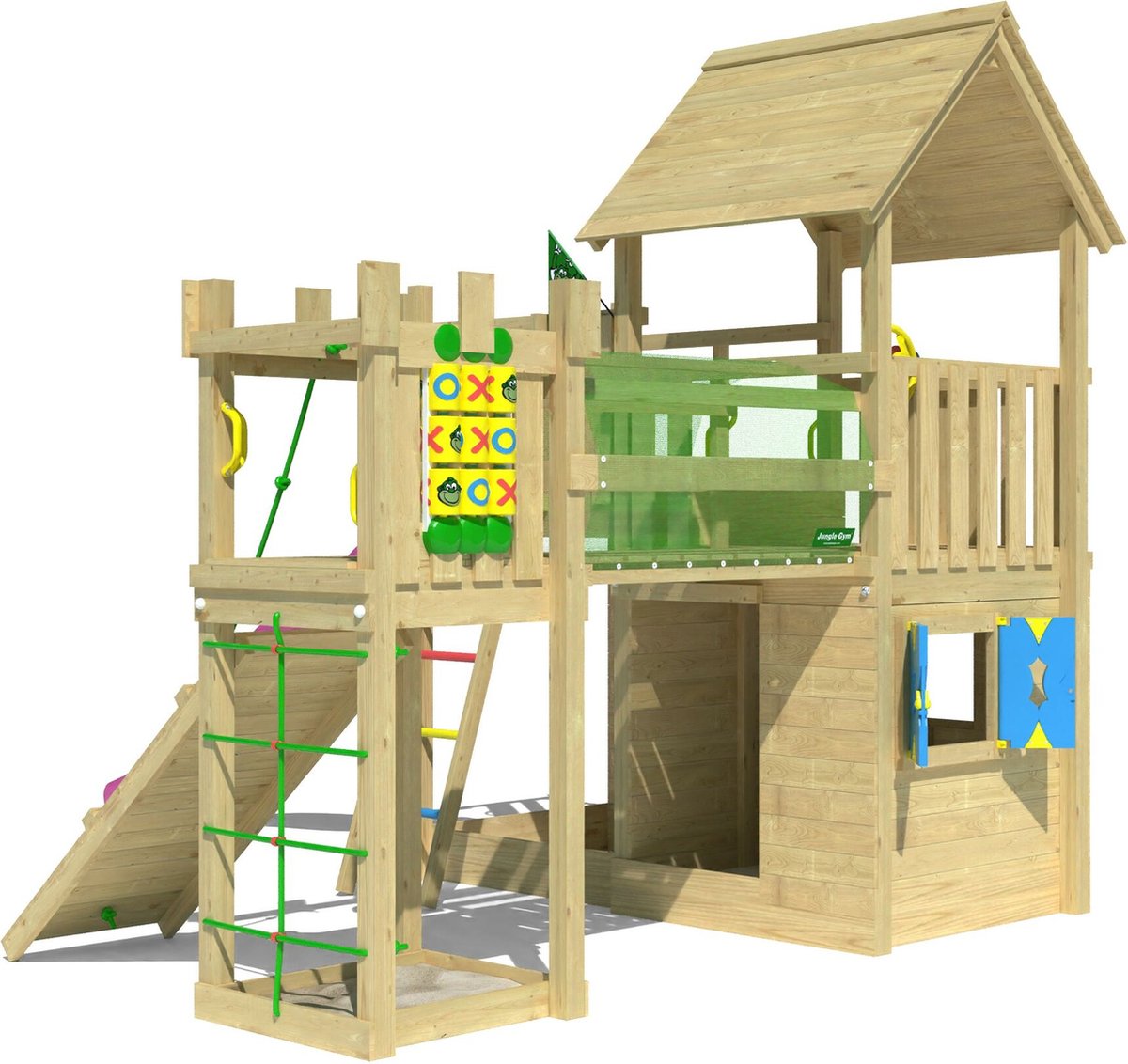   speeltoestel van grenen hout - Jungle Olympus met roze glijbaan - Tuin speeltoestel voor buiten met zandbak en klimwand