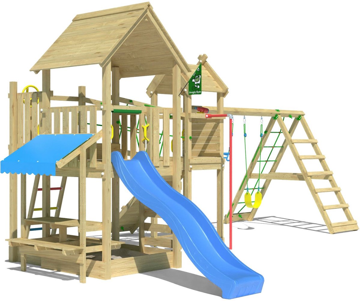   speeltoestel van grenen hout - Jungle Pavillon met blauwe glijbaan - Tuin speeltoestel voor buiten met schommels, brandweerpaal en zandbak