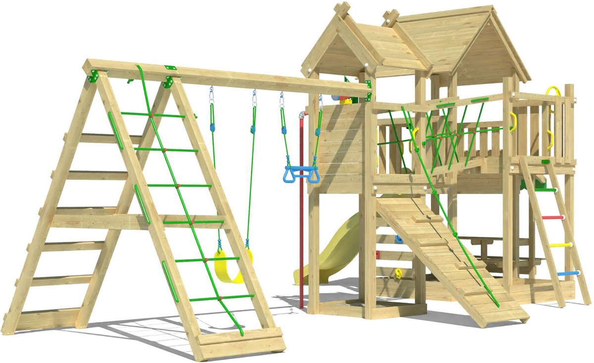   speeltoestel van grenen hout - Jungle Pavillon met gele glijbaan - Tuin speeltoestel voor buiten met schommels, brandweerpaal en zandbak