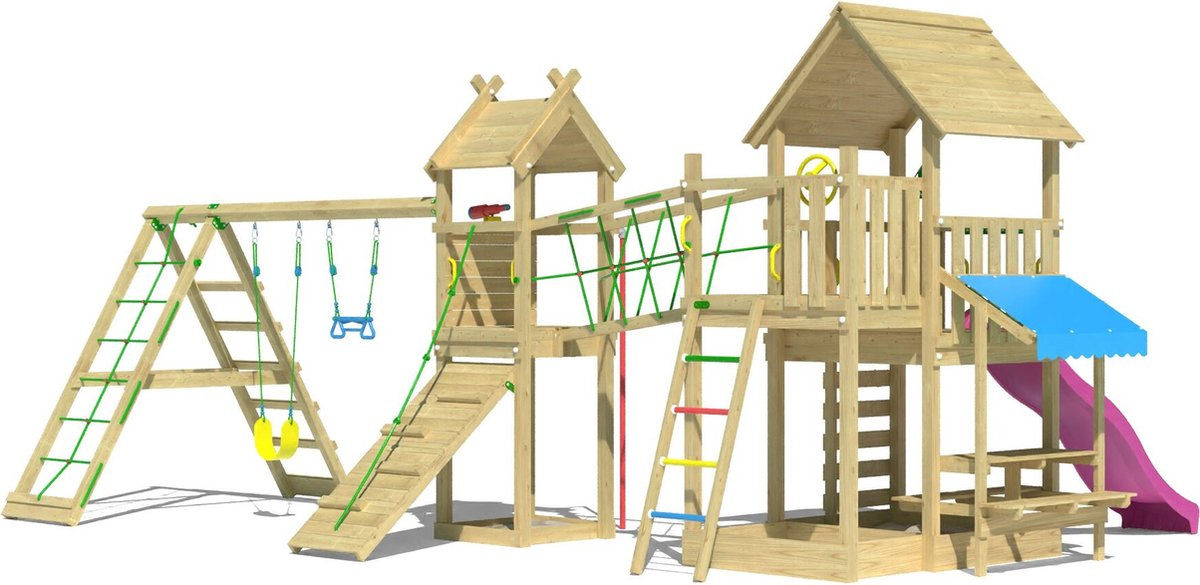   speeltoestel van grenen hout - Jungle Pavillon met roze glijbaan - Tuin speeltoestel voor buiten met schommels, brandweerpaal en zandbak