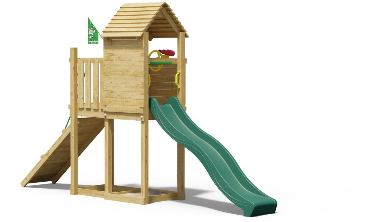   speeltoestel van grenen hout - Jungle Pod met donkergroene glijbaan - Tuin speeltoestel voor buiten met zandbak en klimhelling