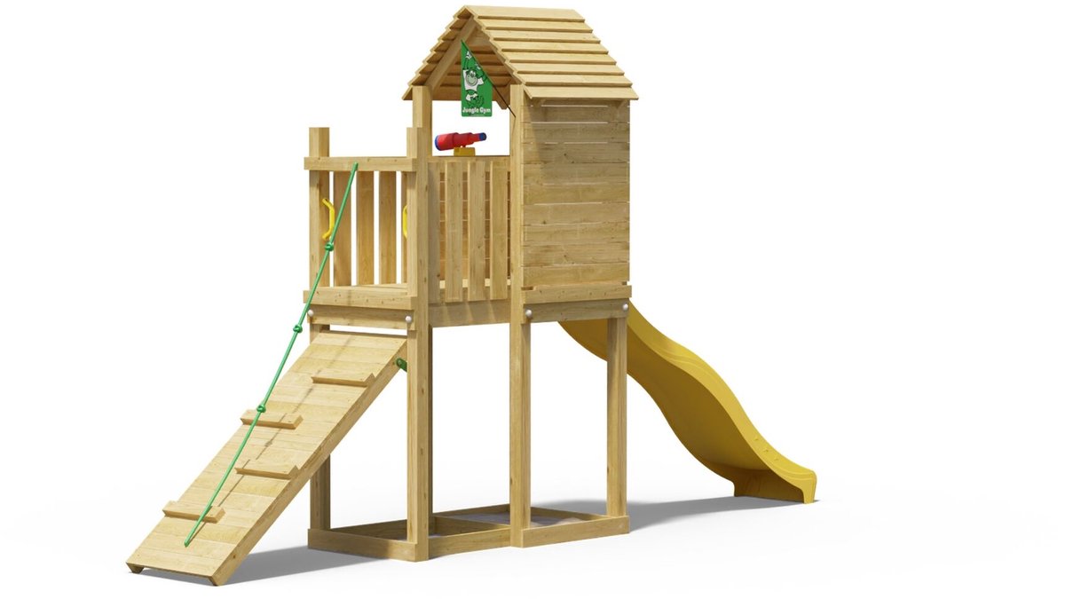   speeltoestel van grenen hout - Jungle Pod met gele glijbaan - Tuin speeltoestel voor buiten met zandbak en klimhelling