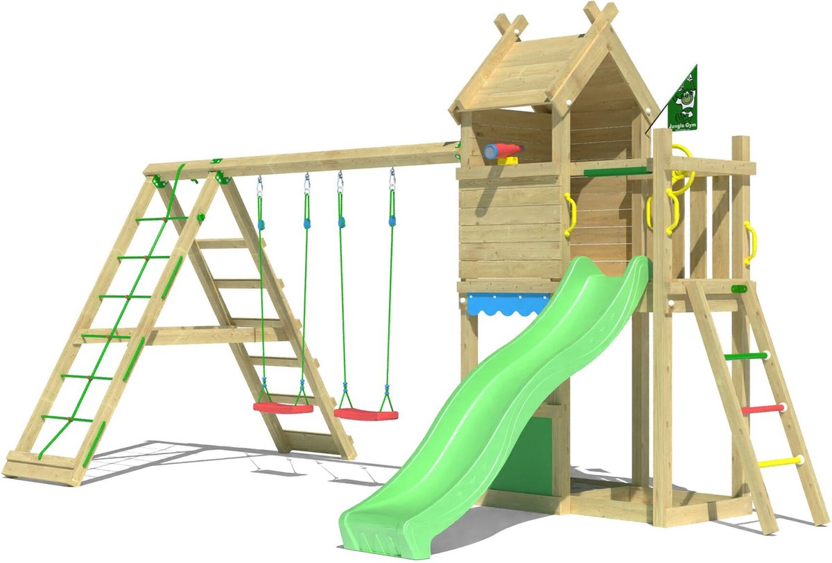   speeltoestel van grenen hout - Jungle Resort met groene glijbaan - Tuin speeltoestel voor buiten met zandbak, speelhuisje en schommels