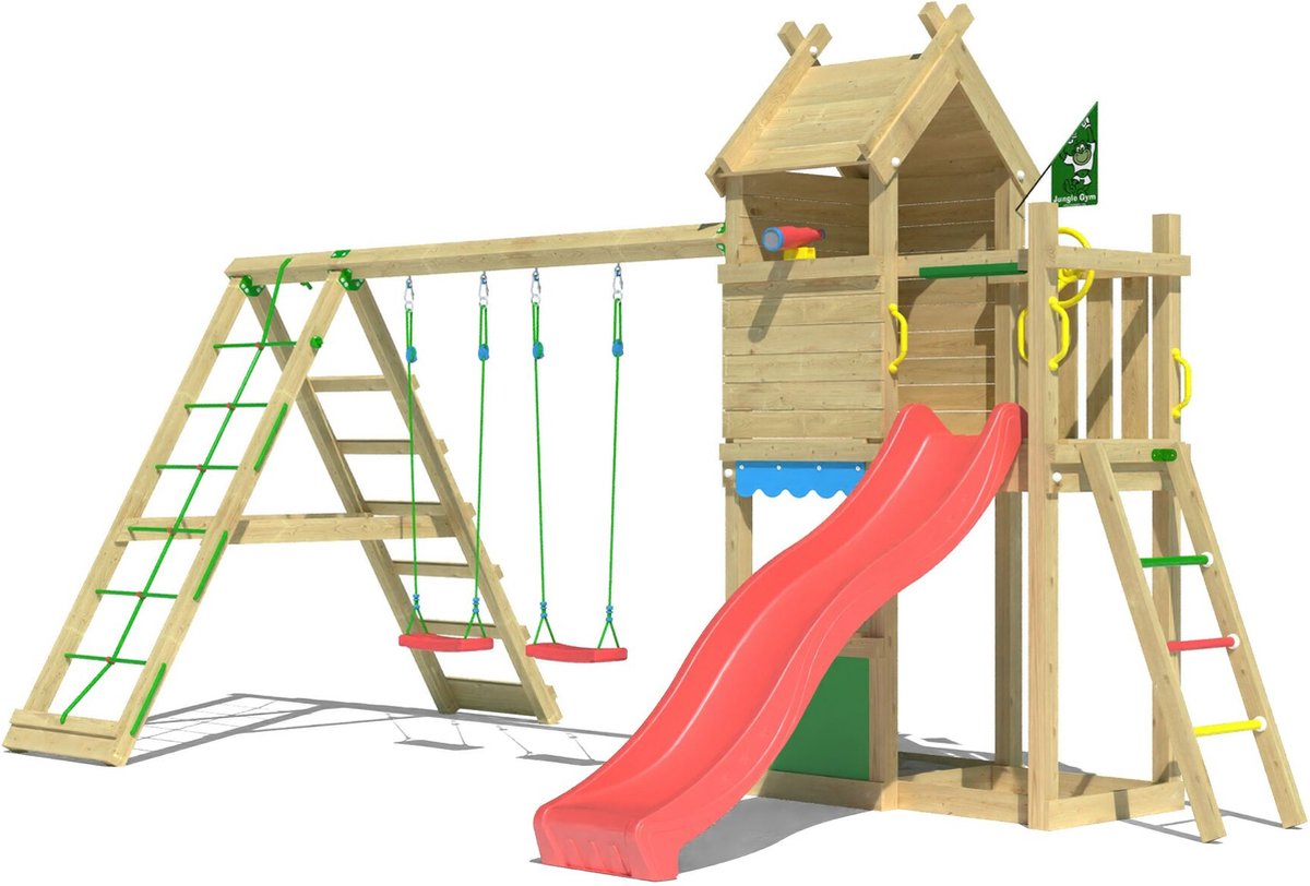  speeltoestel van grenen hout - Jungle Resort met rode glijbaan - Tuin speeltoestel voor buiten met zandbak, speelhuisje en schommels