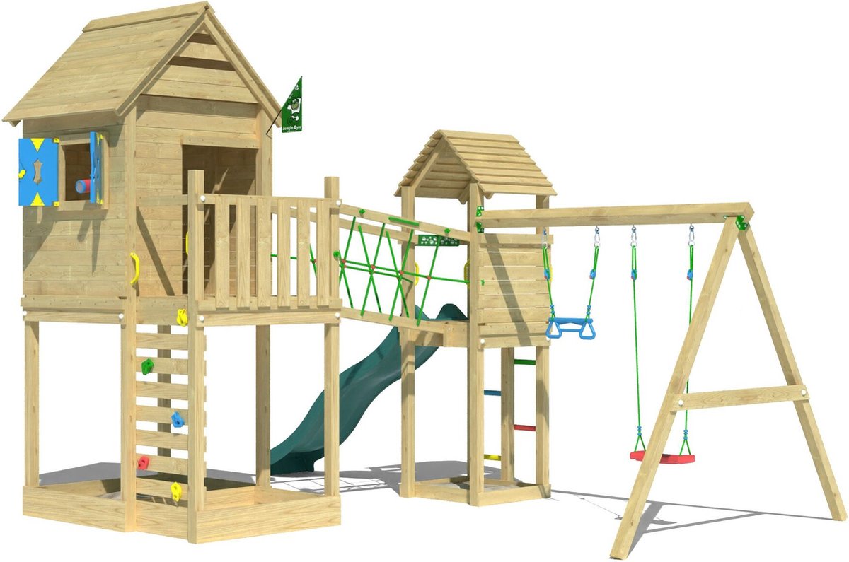   speeltoestel van grenen hout - Jungle Retreat met donkergroene glijbaan - Tuin speeltoestel voor buiten met zandbak en schommels