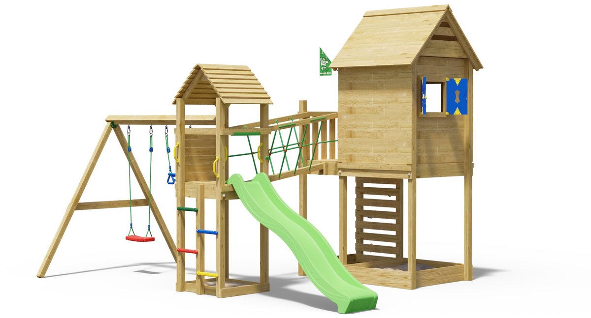   speeltoestel van grenen hout - Jungle Retreat met groene glijbaan - Tuin speeltoestel voor buiten met zandbak en schommels