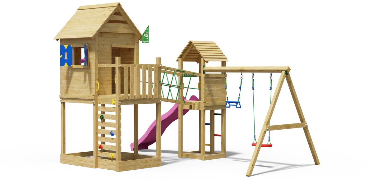   speeltoestel van grenen hout - Jungle Retreat met roze glijbaan - Tuin speeltoestel voor buiten met zandbak en schommels