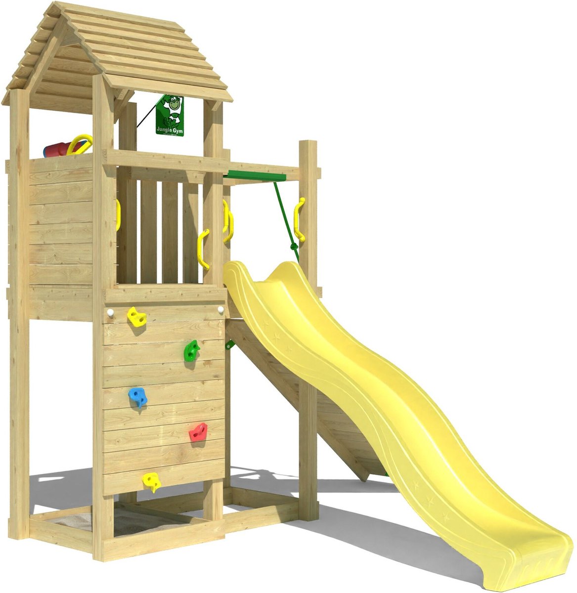   speeltoestel van grenen hout - Jungle Roamer met gele glijbaan - Tuin speeltoestel voor buiten met zandbak, klimwand en klimhelling