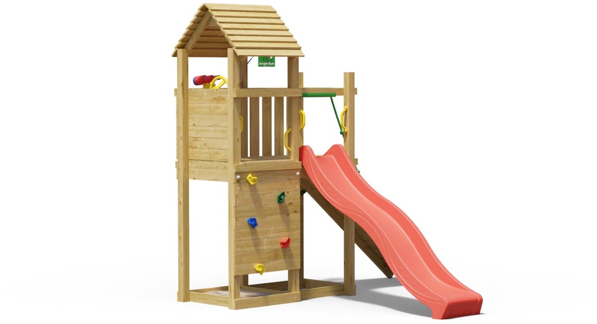   speeltoestel van grenen hout - Jungle Roamer met rode glijbaan - Tuin speeltoestel voor buiten met zandbak, klimwand en klimhelling