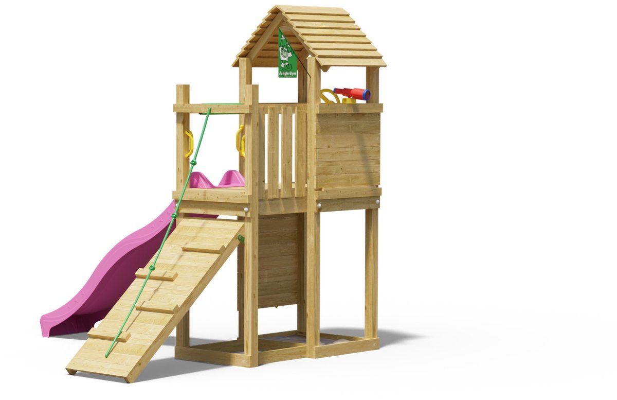   speeltoestel van grenen hout - Jungle Roamer met roze glijbaan - Tuin speeltoestel voor buiten met zandbak, klimwand en klimhelling