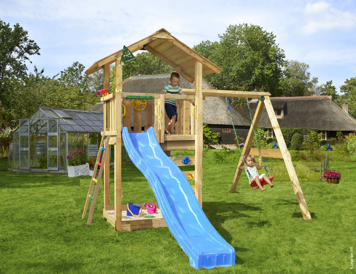   speeltoestel van grenen hout - Jungle Sierra met blauwe glijbaan - Tuin speeltoestel voor buiten met zandbak en schommel