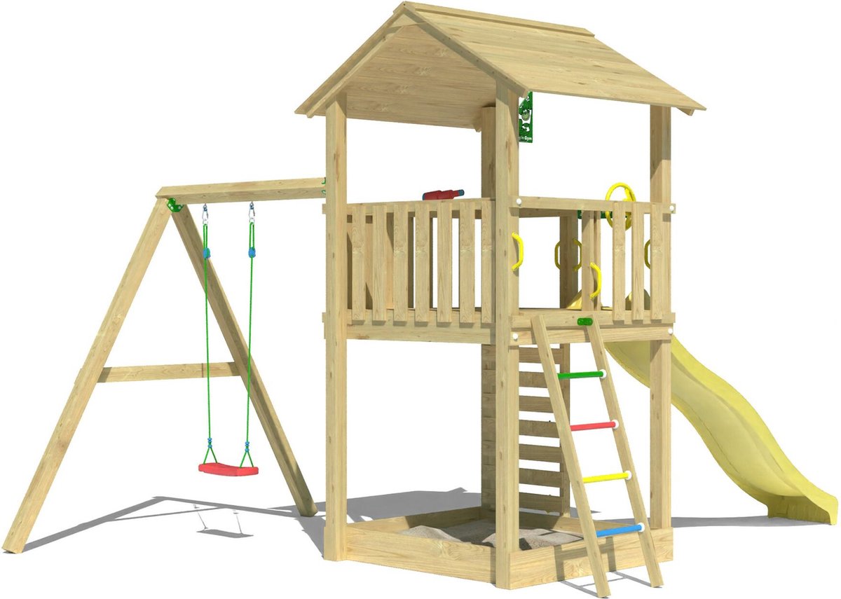   speeltoestel van grenen hout - Jungle Sierra met gele glijbaan - Tuin speeltoestel voor buiten met zandbak en schommel