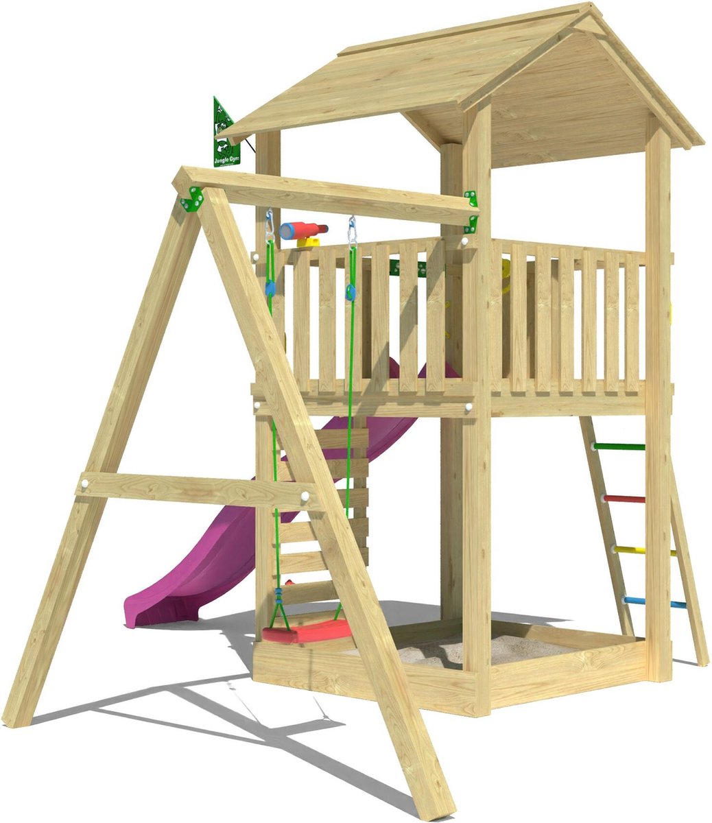   speeltoestel van grenen hout - Jungle Sierra met roze glijbaan - Tuin speeltoestel voor buiten met zandbak en schommel
