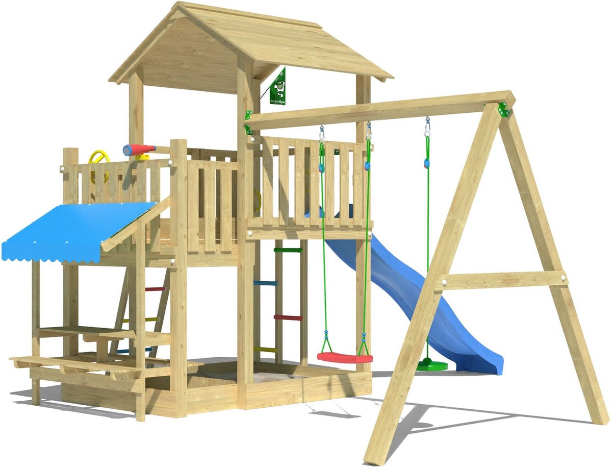   speeltoestel van grenen hout - Jungle Skyline met blauwe glijbaan - Tuin speeltoestel voor buiten met zandbak en schommels