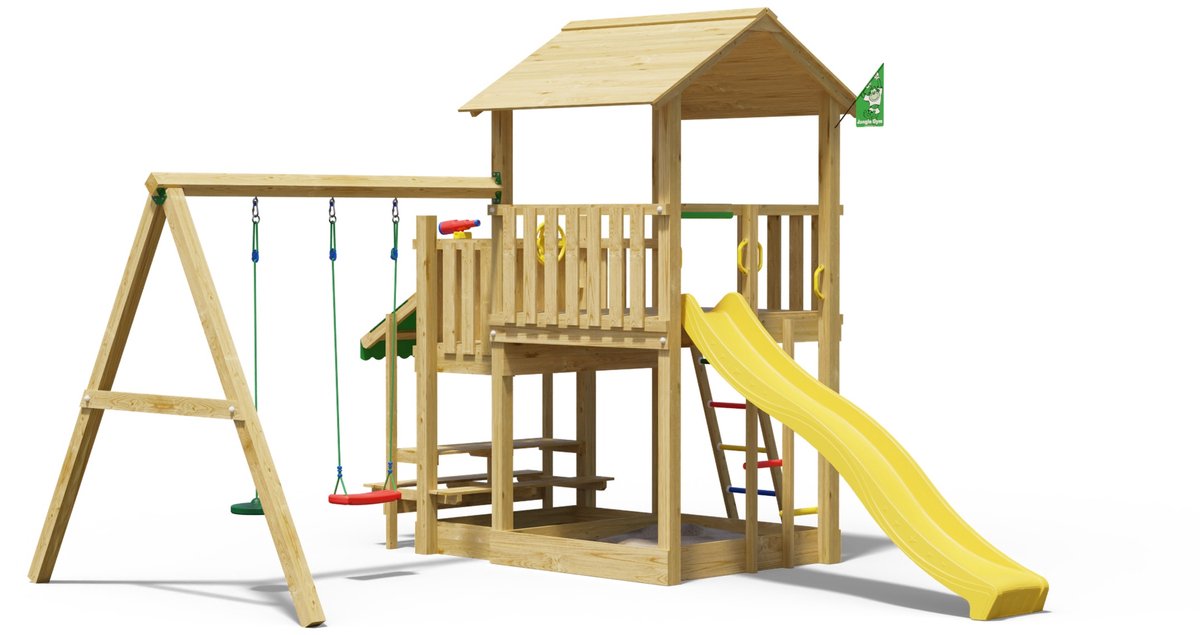   speeltoestel van grenen hout - Jungle Skyline met gele glijbaan - Tuin speeltoestel voor buiten met zandbak en schommels