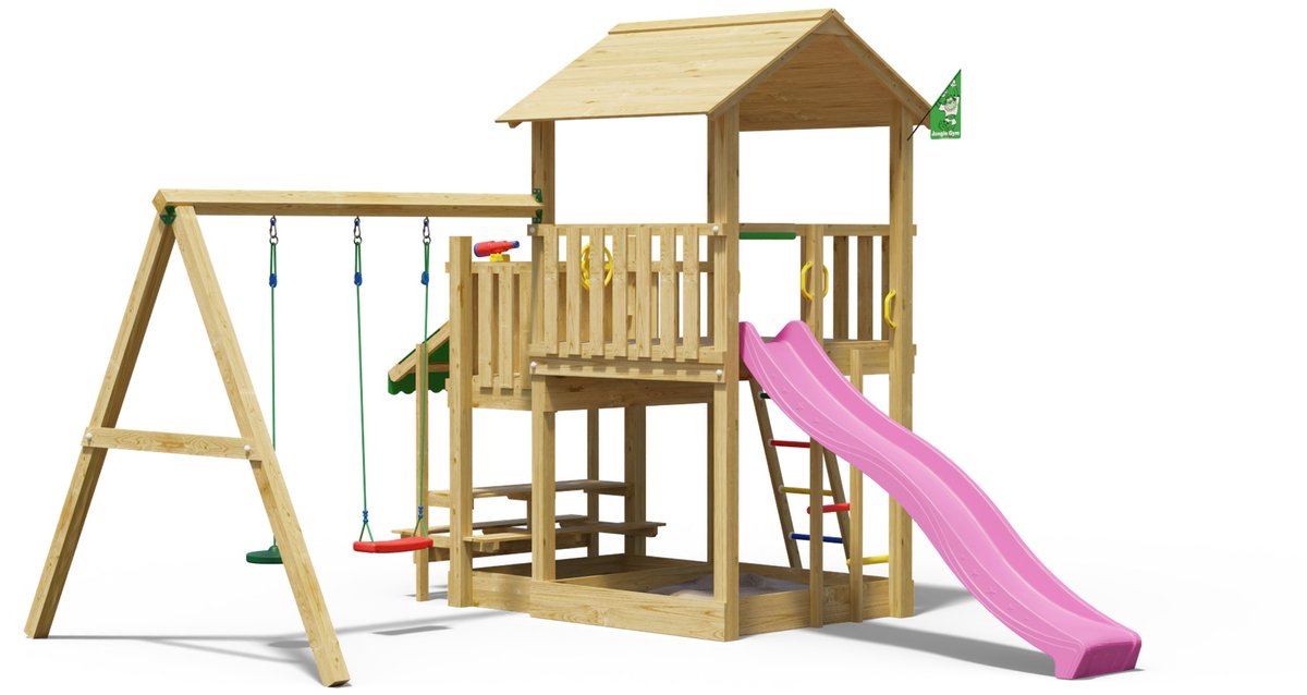   speeltoestel van grenen hout - Jungle Skyline met roze glijbaan - Tuin speeltoestel voor buiten met zandbak en schommels
