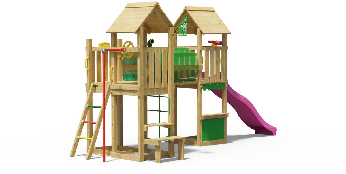   speeltoestel van grenen hout - Jungle Spark met roze glijbaan - Tuin speeltoestel voor buiten met zandbak en picknicktafel