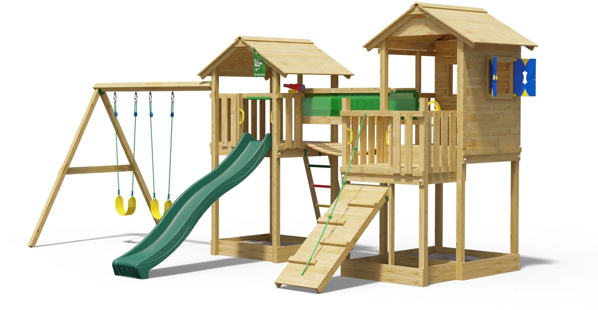   speeltoestel van grenen hout - Jungle Stronghold met donkergroene glijbaan - Tuin speeltoestel voor buiten met zandbak en schommels