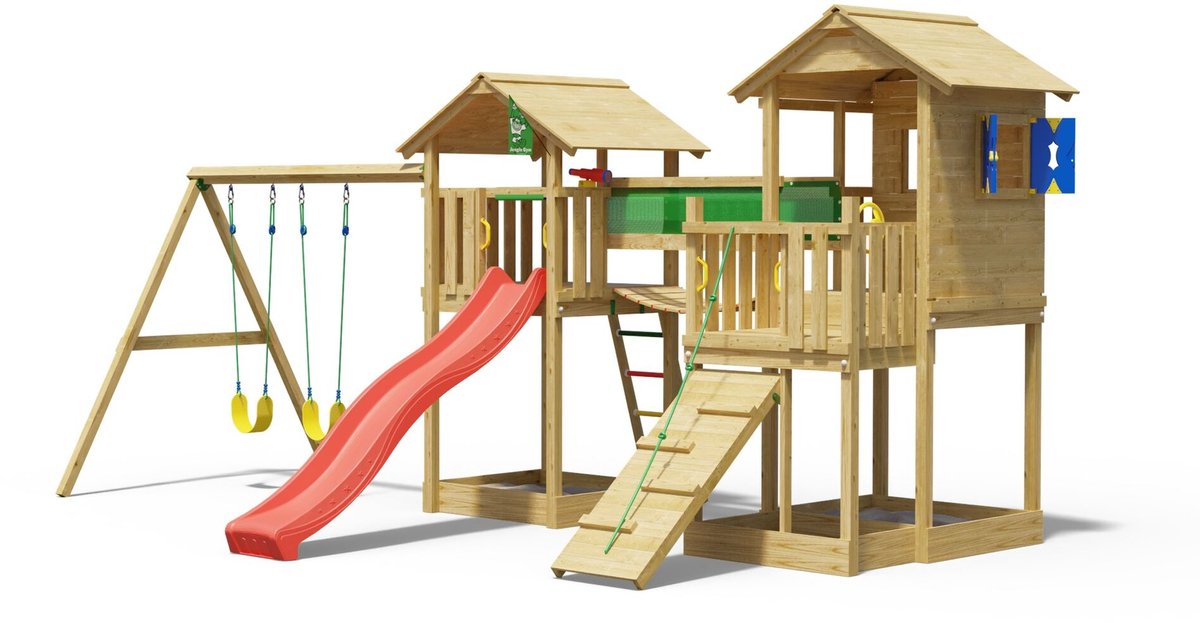   speeltoestel van grenen hout - Jungle Stronghold met rode glijbaan - Tuin speeltoestel voor buiten met zandbak en schommels
