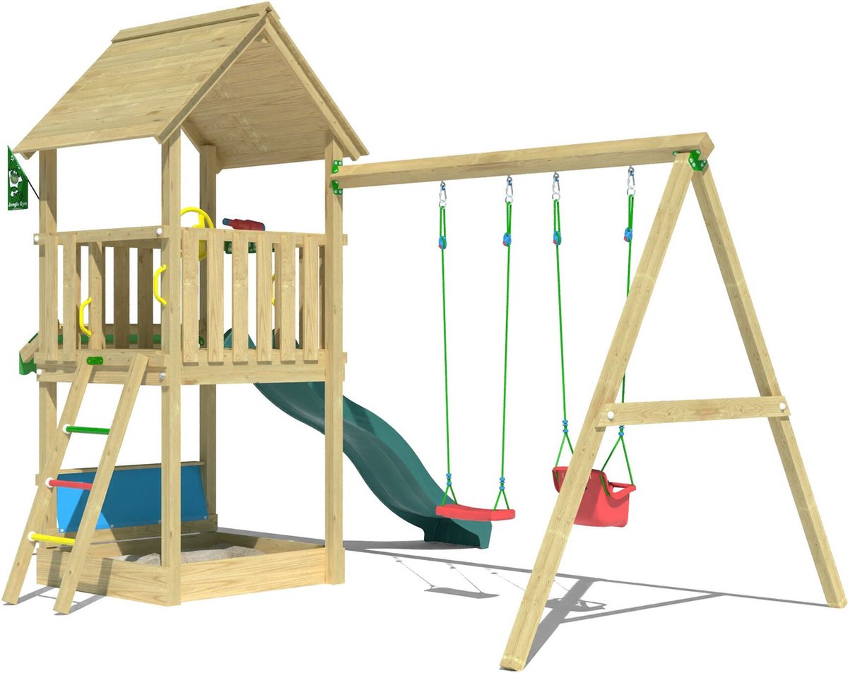   speeltoestel van grenen hout - Jungle Suite met donkergroene glijbaan - Tuin speeltoestel voor buiten met zandbak en schommels