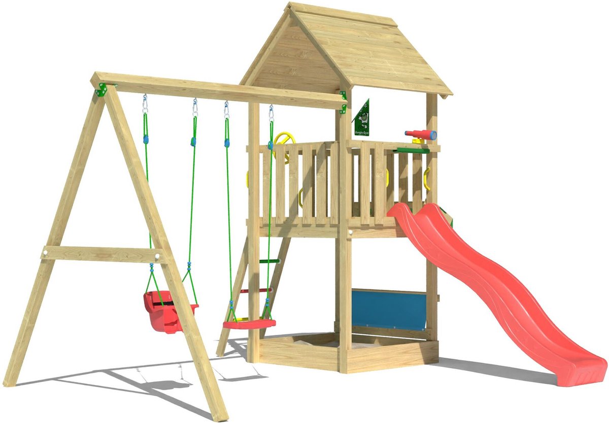   speeltoestel van grenen hout - Jungle Suite met rode glijbaan - Tuin speeltoestel voor buiten met zandbak en schommels