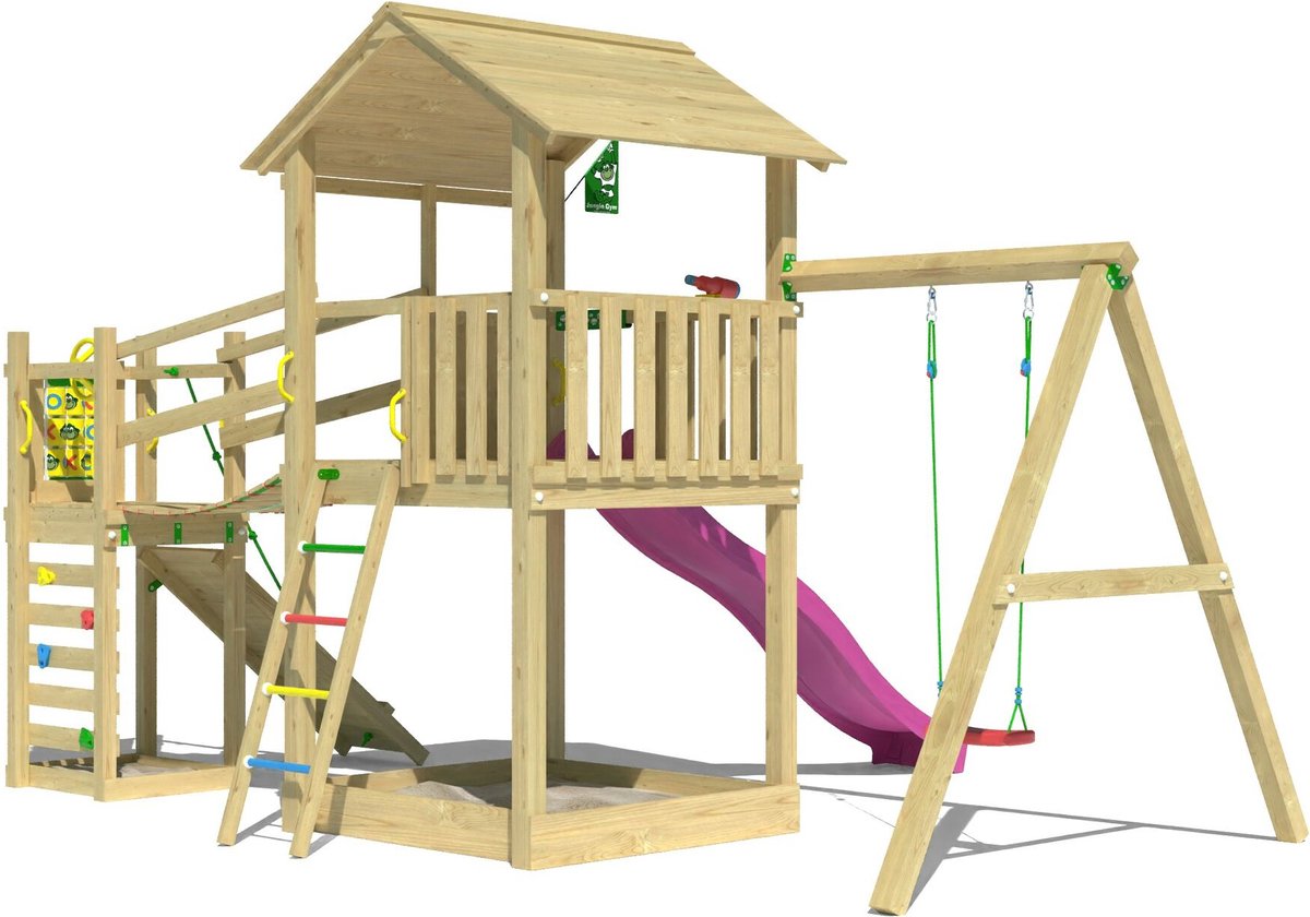   speeltoestel van grenen hout - Jungle Summit met roze glijbaan - Tuin speeltoestel voor buiten met zandbak, schommel en klimhelling