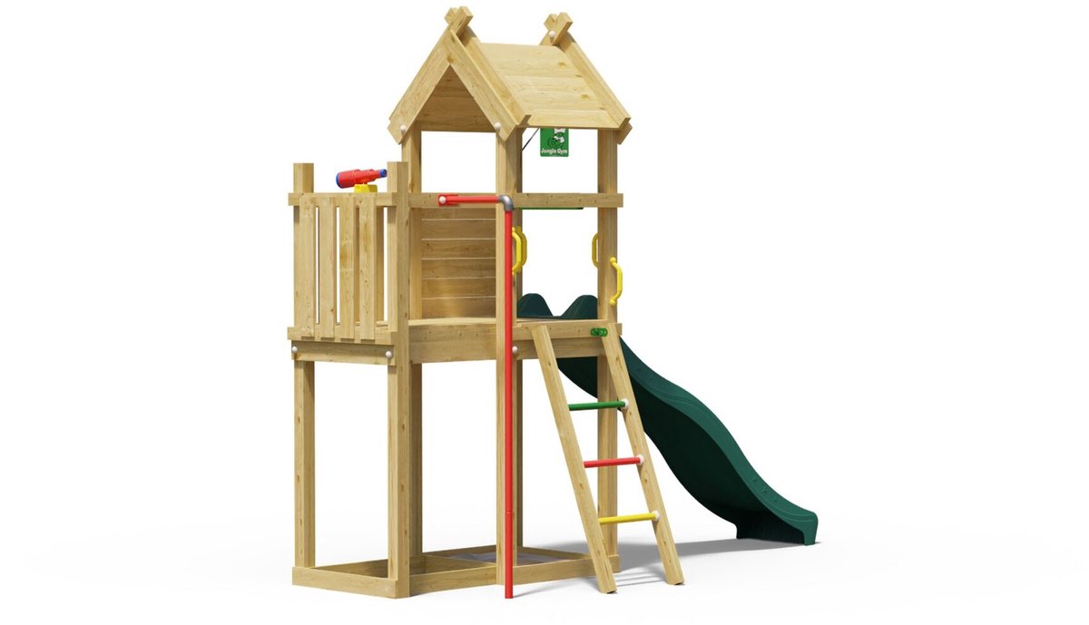   speeltoestel van grenen hout - Jungle Tiki met donkergroene glijbaan - Tuin speeltoestel voor buiten met zandbak, brandweerpaal en klimladder