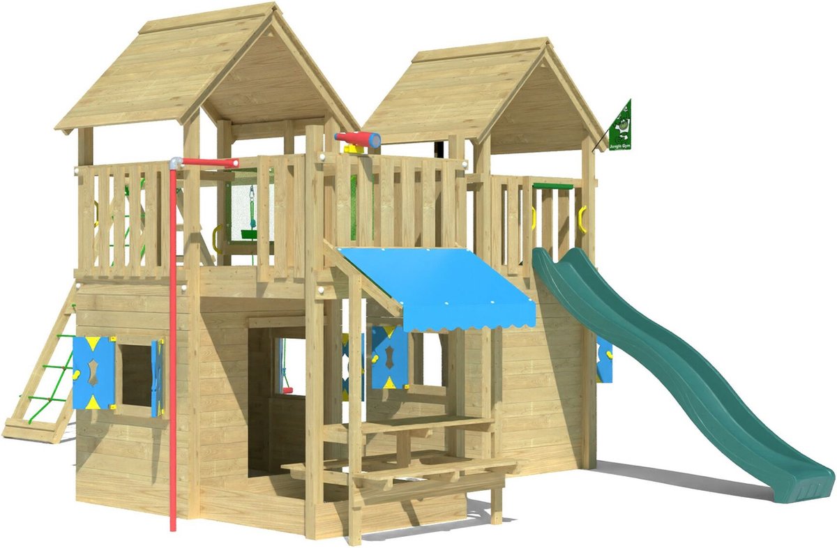   speeltoestel van grenen hout - Jungle Titan met blauwe glijbaan - Tuin speeltoestel voor buiten met zandbak, schommels en speelhuisje