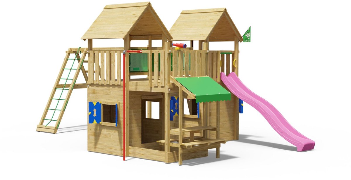  speeltoestel van grenen hout - Jungle Titan met roze glijbaan - Tuin speeltoestel voor buiten met zandbak, schommels en speelhuisje