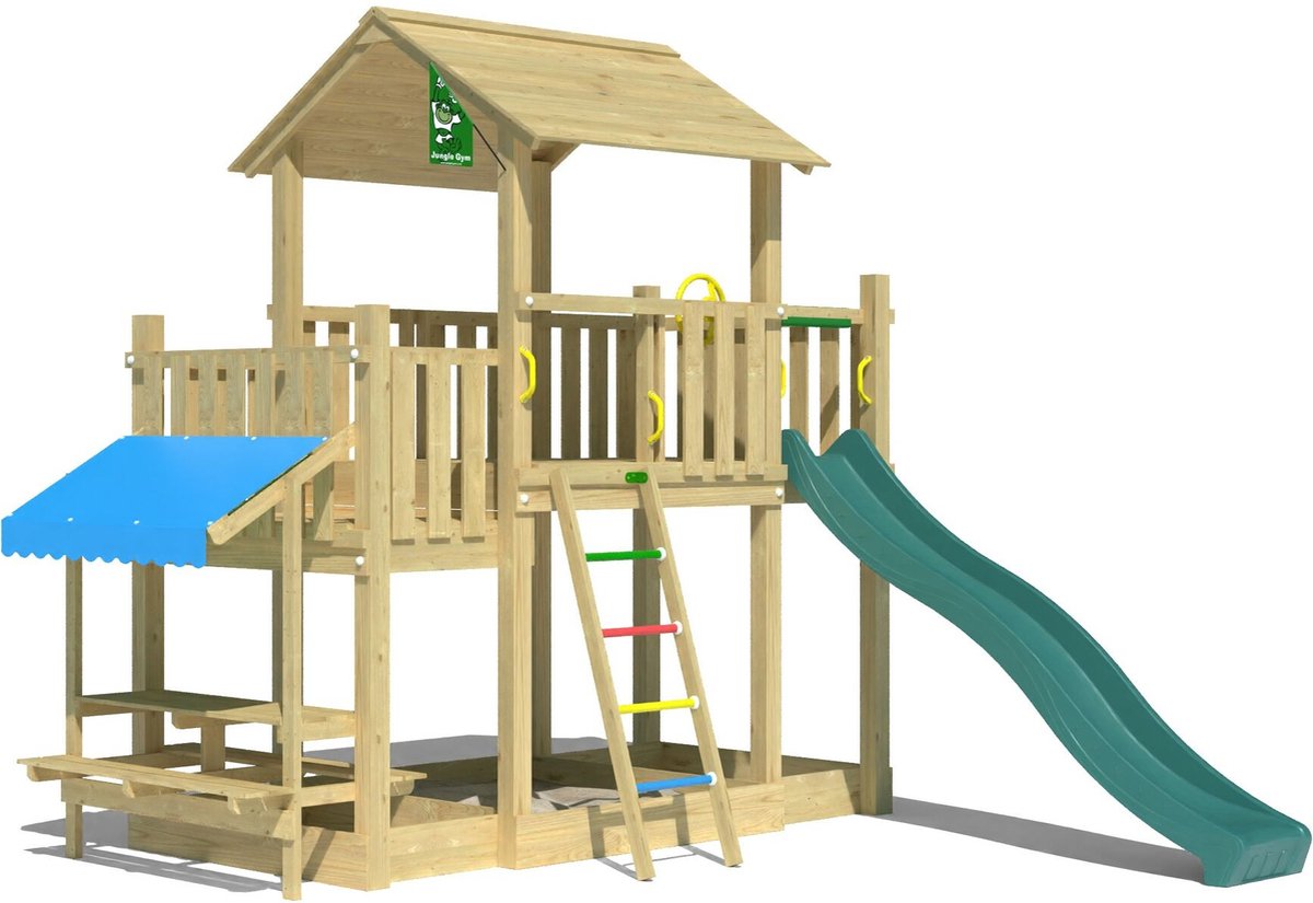  speeltoestel van grenen hout - Jungle Valley met gele glijbaan - Tuin speeltoestel voor buiten met zandbak, picknicktafel en klimladder
