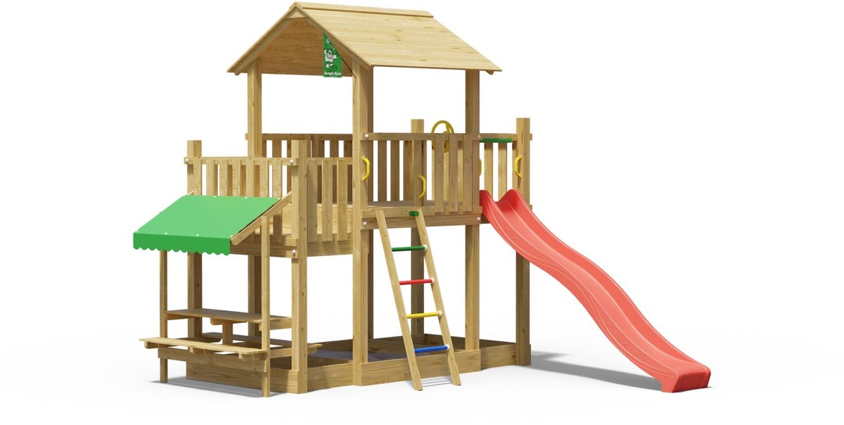   speeltoestel van grenen hout - Jungle Valley met rode glijbaan - Tuin speeltoestel voor buiten met zandbak, picknicktafel en klimladder