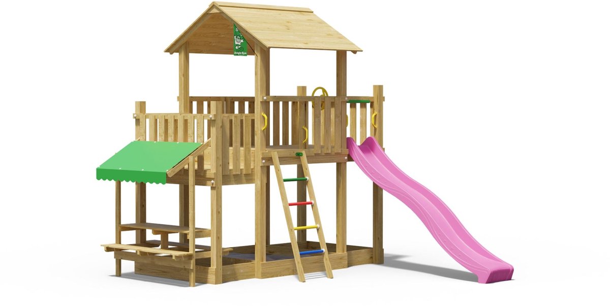   speeltoestel van grenen hout - Jungle Valley met roze glijbaan - Tuin speeltoestel voor buiten met zandbak, picknicktafel en klimladder