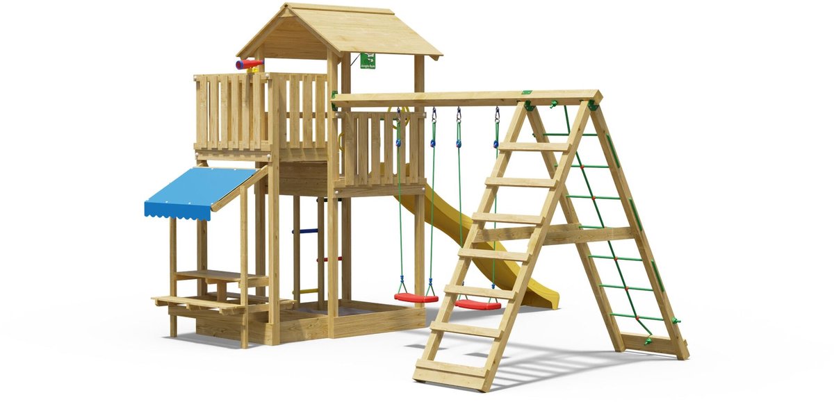   speeltoestel van grenen hout - Jungle Veranda met gele glijbaan - Tuin speeltoestel voor buiten met zandbak, schommels en klimnet