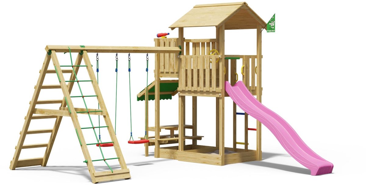   speeltoestel van grenen hout - Jungle Veranda met roze glijbaan - Tuin speeltoestel voor buiten met zandbak, schommels en klimnet