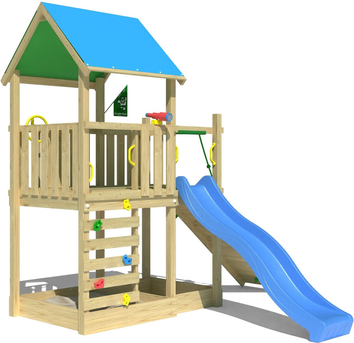  speeltoestel van grenen hout - Jungle Wonder met blauwe glijbaan - Tuin speeltoestel voor buiten met zandbak, klimhelling en klimwand