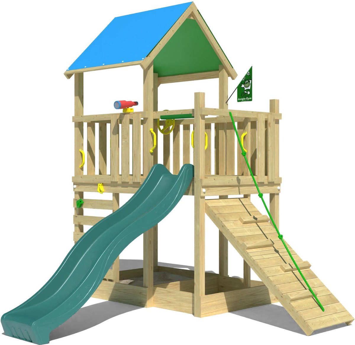   speeltoestel van grenen hout - Jungle Wonder met donkergroene glijbaan - Tuin speeltoestel voor buiten met zandbak, klimhelling en klimwand