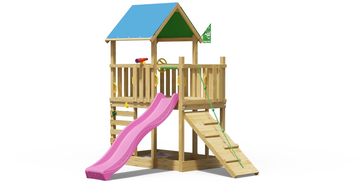   speeltoestel van grenen hout - Jungle Wonder met roze glijbaan - Tuin speeltoestel voor buiten met zandbak, klimhelling en klimwand