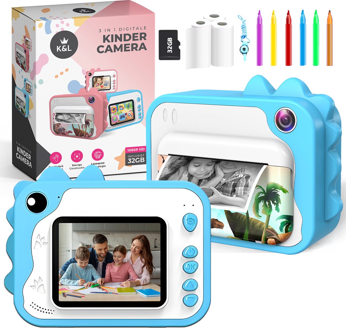  ® 3 IN 1 Digitale Kindercamera + Instant print + speelcamera - 32GB micro sd kaart - camera kinderen - Vlogcamera met games - Fototoestel voor Kinderen - Klein Formaat Speelgoed - Met videofunctie - Blauw