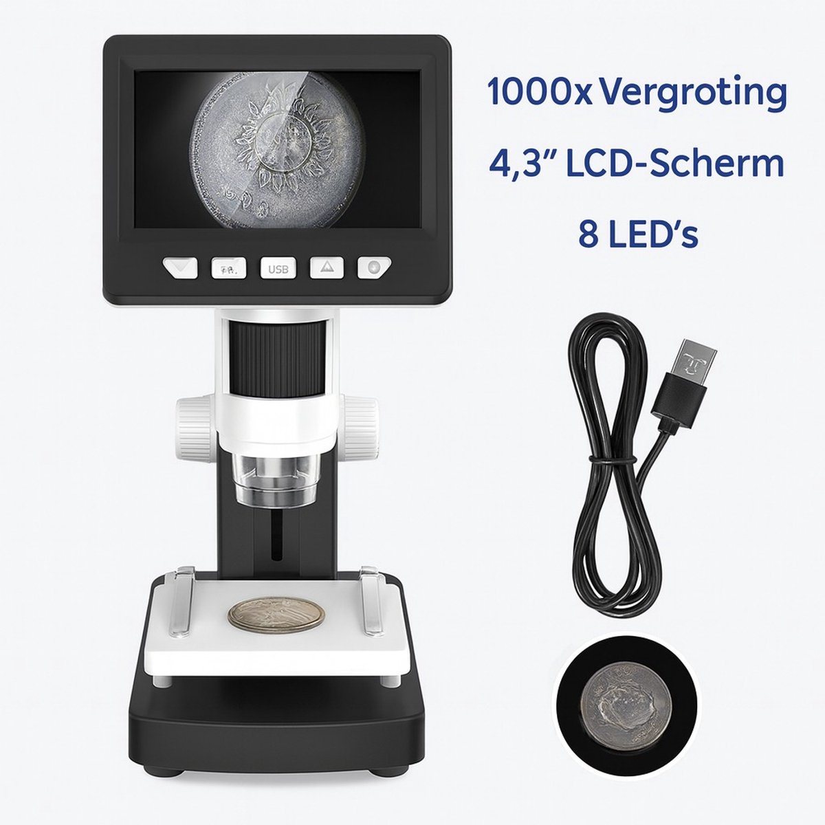 K&R Ventures® Digitale Microscoop – 4,3” LCD Scherm – 1000x Vergroting – 8 LED Verlichting – 1200mAh Batterij – USB & PC Aansluiting – Draagbare Elektronische Microscoop voor Onderzoek, Hobby & Onderwijs
